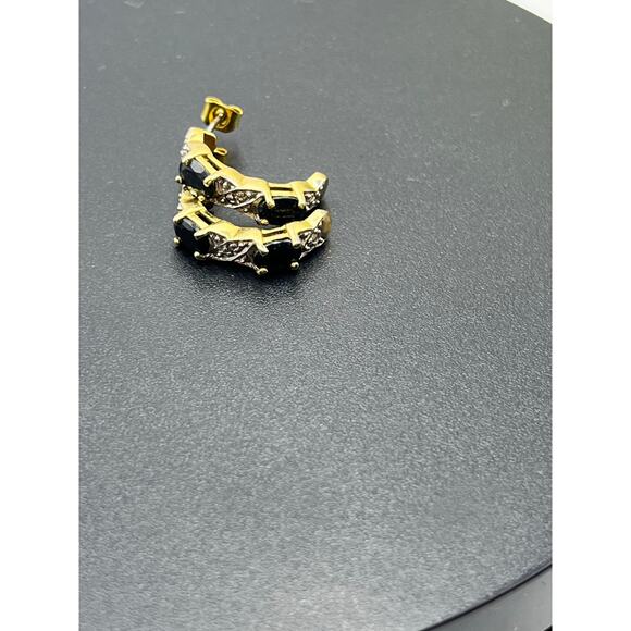 JJT 925 Sterling Vermeil Vintage Blue Topaz Diamond Half Hoop J Post Earrings - Picture 9 of 11